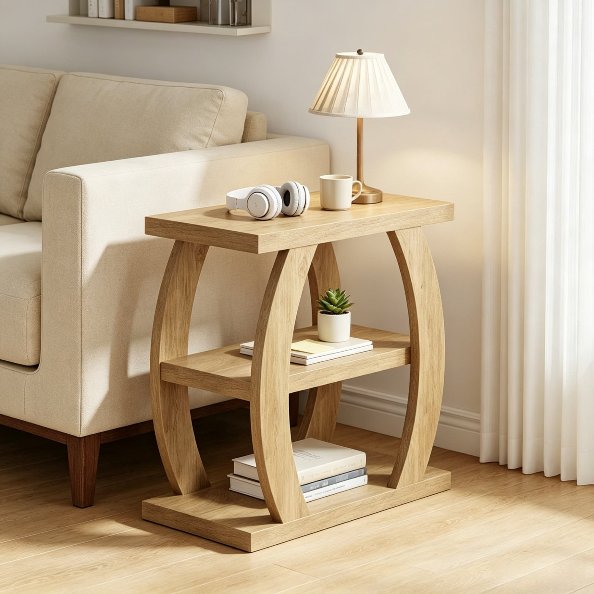 27.56 in End Table, 3-Tier Farmhouse Side Table with Geometric Metal Frame, Rustic Accent Table for Living Room, Bedroom & Sofa