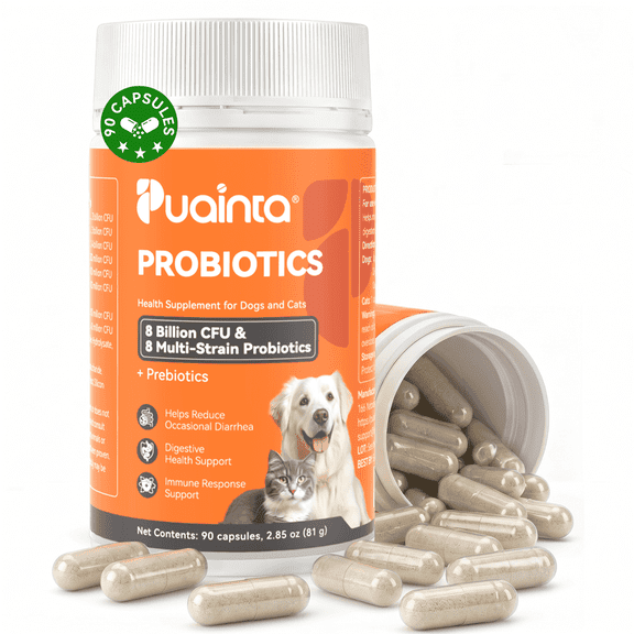 PUAINTA Probiotic Capsules for Dogs & Cats, Digestive Health Supplement with Prebiotics, 8 Billion CFU, 90 Count