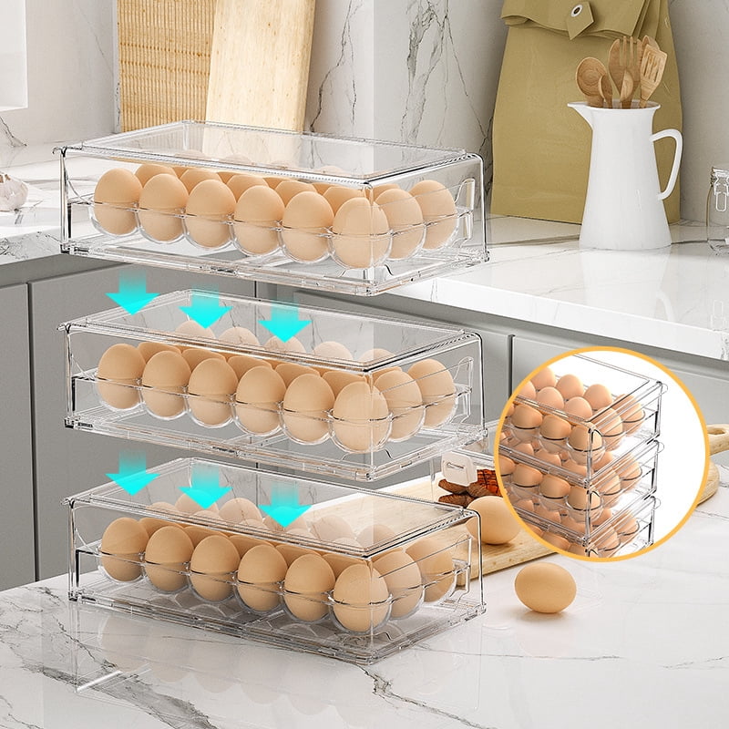 Drawer Style Egg Storage Container for Refrigerator, Clear Plastic Fridge Egg Organizer with Lid, Holds 18 Eggs, Space Saving Kitchen Storage Box