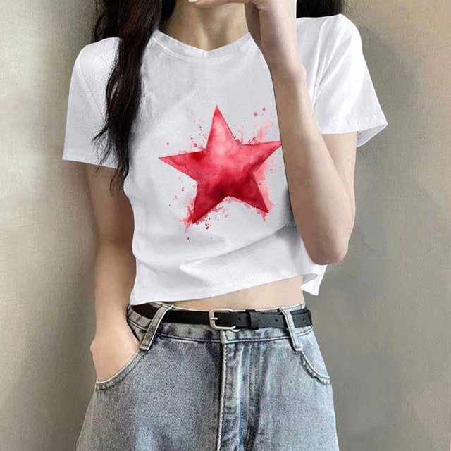 T-Shirt Blouse Court à Manches Courtes et Col Rond Imprimé Décontracté pour Femmes