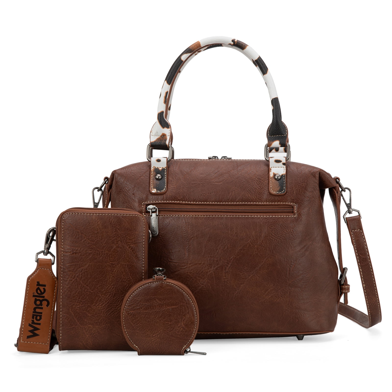 Wrangler 3Pcs Doctor Bag Sets for Women Top-Handle Satchel Bag with Cell Phone Handbags & Coin Purse, Cow Print-Brown