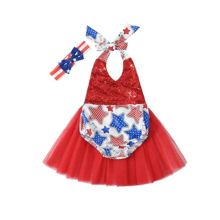 

IZhansean Independence Day Baby Girls Romper Dress Sleeveless Halter Star Sequins Mesh Lace Splicing Jumpsuit + Headband Red 12-18 Months
