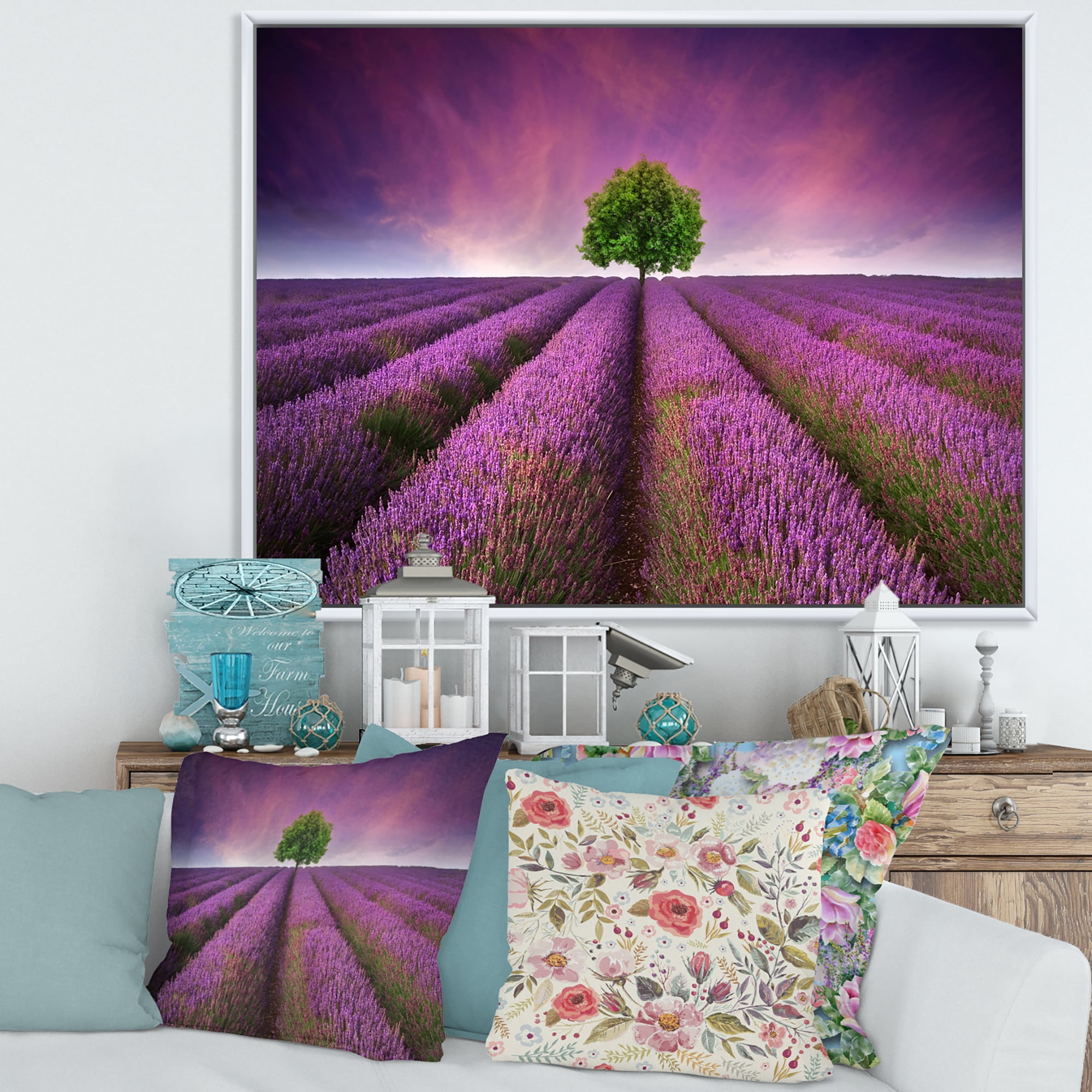 Designart 'Tree With Stunning Lavender Field Summer Sunset' Farmhouse Framed Canvas Wall Art Print