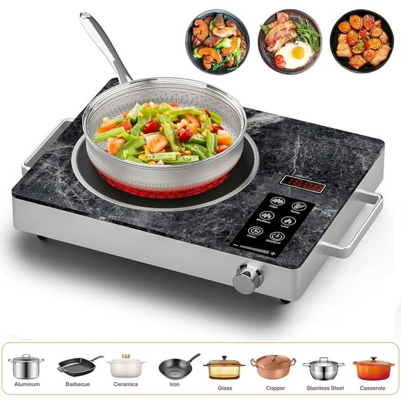 1800W Single Burner Electric Stove Top, Portable Infrared Electric Cooktop, 110V Ceramic Hot Plate with Handles, Countertop Stove Cooktop with Timer & Touch & Knob Control for All Cookware