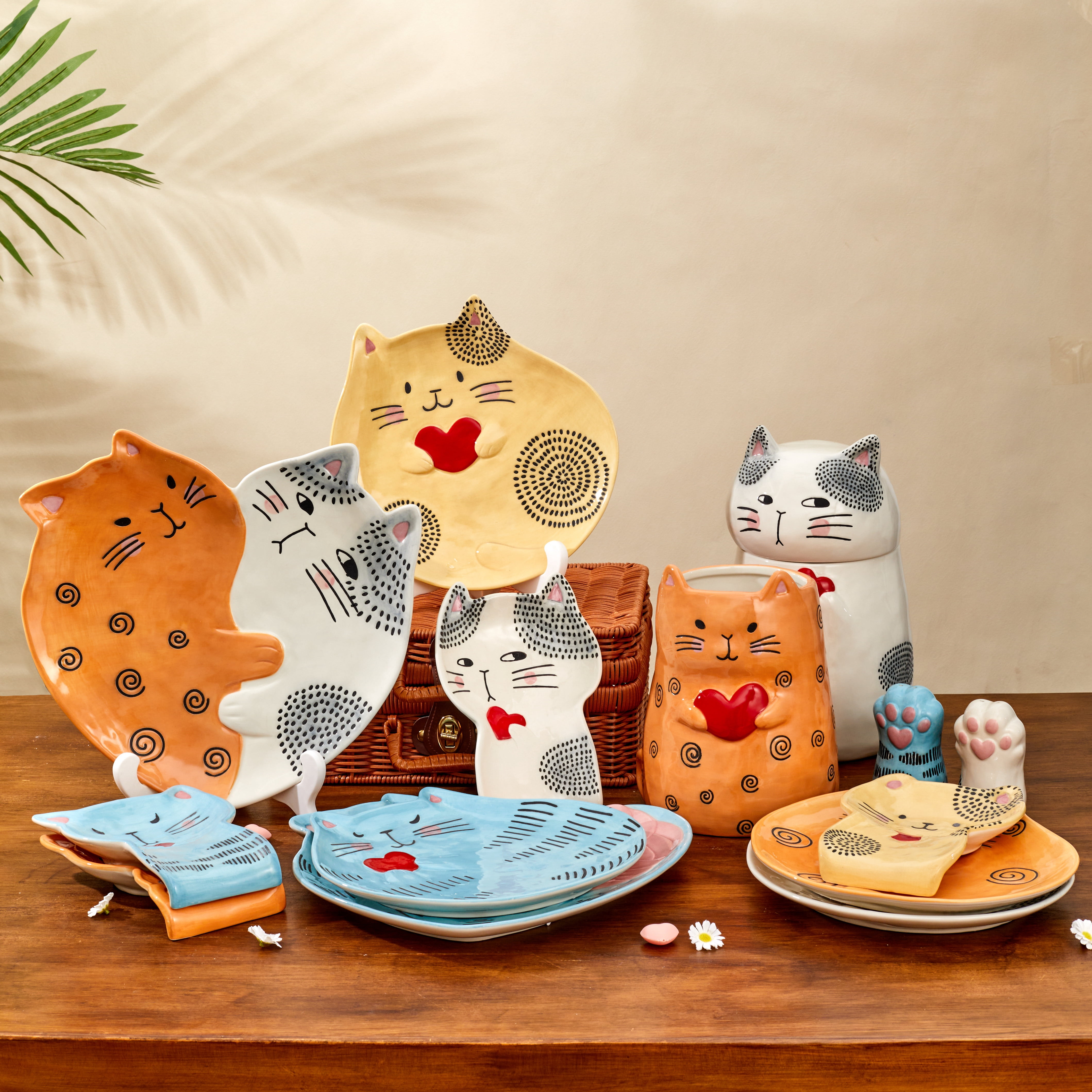 Bico Cartoon Cat Handpainted Stoneware Orange 7.9 inch Utensil Holder, Dishwasher Safe
