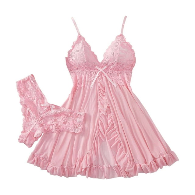 Fiaer , Ensemble de Nuisette à Volants Ouverte en V Profond pour Femmes, Robe de Lingerie en Dentelle Transparente avec String 2 Pcs, Grande Taille, Bretelles Spaghetti Tendance, Rose m
