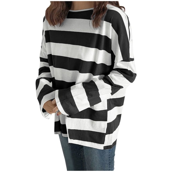 Woman Tshirts Tops Vintage New Wide Stripe Long-Sleeved O Neck T-shirt Women's Striped Loose All-match Tshirts