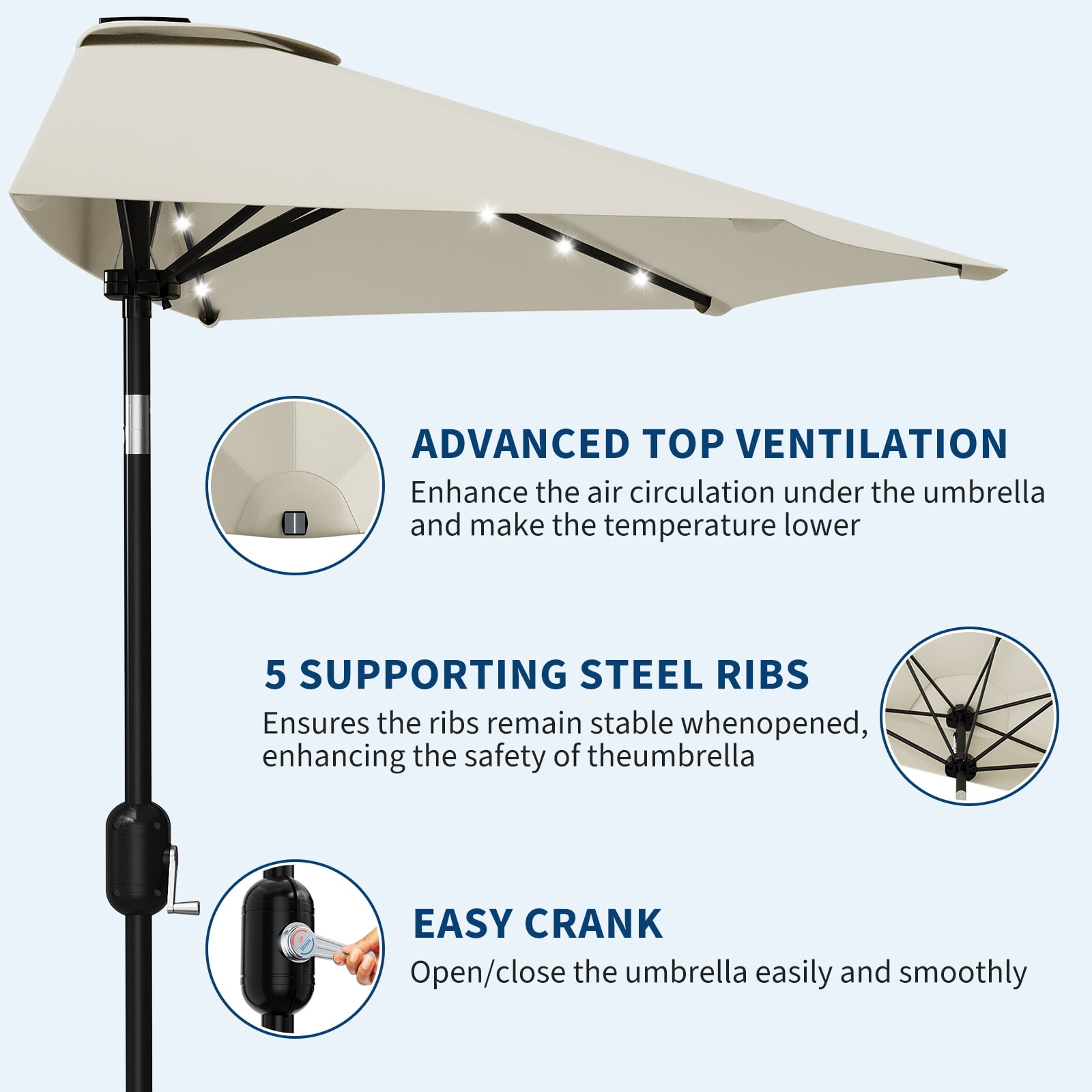 Patio Umbrella 9FT - Half Umbrella Outdoor with Solar LED Lights and Smooth Crank Lift, Outdoor Shade Canopy for Patio,Garden,Beige