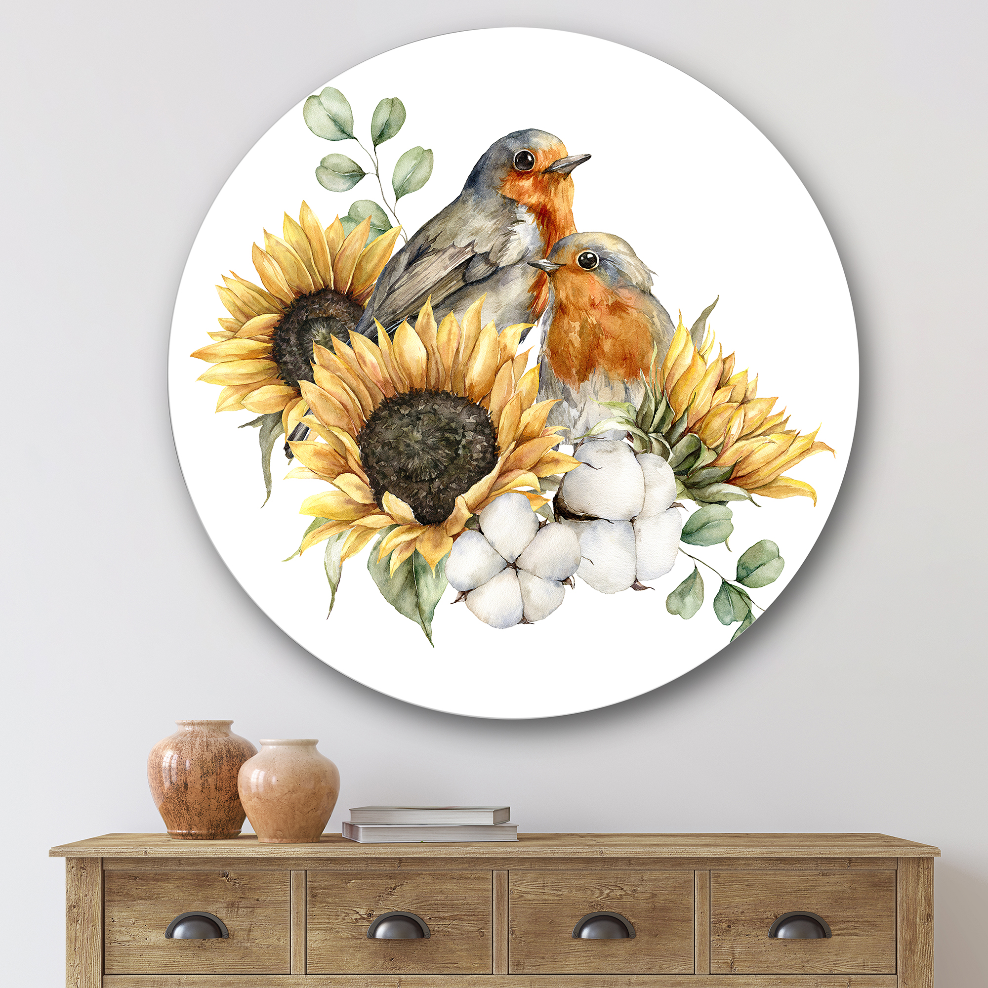 Designart 'Autumn Bouquet With Robin Redbreasts Sunflowers Cotton' Traditional Circle Metal Wall Art 36x36 - Disc of 36