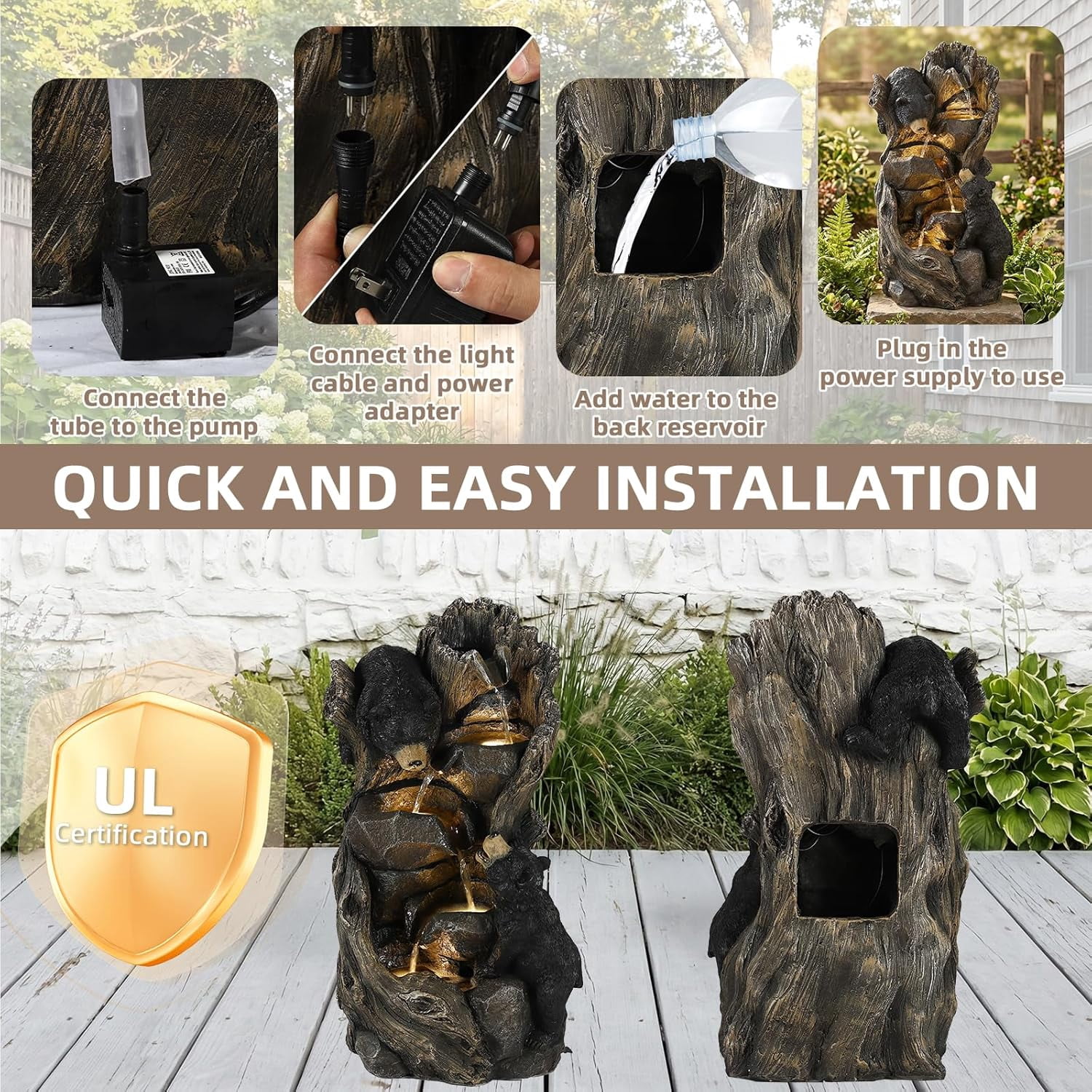 EPICOZY 23" H 5-Tier Outdoor Water Fountain, Realistic Black Bears Climbing Tree Waterfall Fountains with 4 LED Lights & Adjustable Flow, Resin Garden Water Feature for Farmhouse Patio Yard Deck