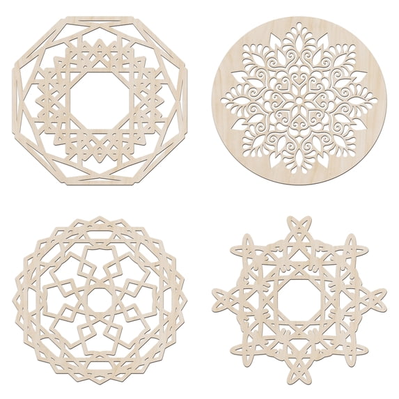 Mandala Wooden Wall Art Set of 4, Curly Detailed Circles Mesh Look Motif, Birch Plywood Rustic Wall Art Accent for Hallway Bedroom Living Room and Offices, 11,4" X 11,4" X 0.1", by Ambesonne