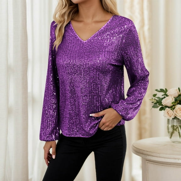 T Shirts for Women Sequin Top Purple Long Sleeve Sparkly Tops for Women Glitter Tops Cute Tops Womens Business Tops