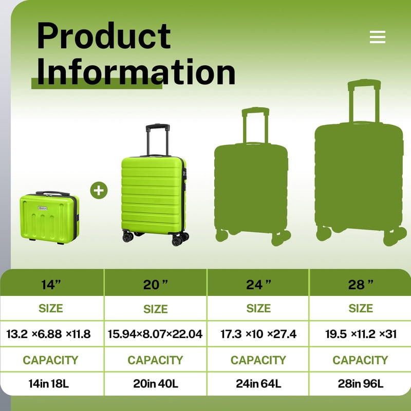 Luggage Sets 2 Piece Hardshell Lightweight Carry on Luggage Cosmetic Case with wheels USB Port TSA Lock 14 20 inch AppleGreen