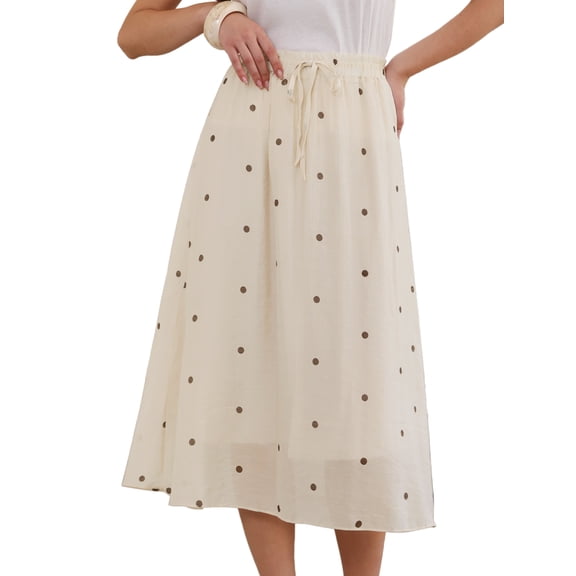 DARING DIVA Women's Elastic Waist Polka Dots Midi Skirts Small Beige