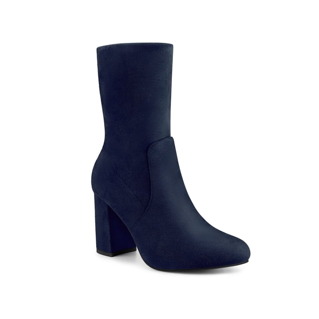 BLISSFUL STEP Rounded Toe Block Heeled Foldable Ankle Boots for Women Navy Blue (Size 7)