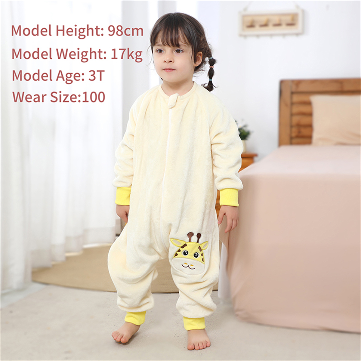 WIBACKER 9M-6Y Baby Warm Flannel Sleeping Bag with Feet, Giraffe Sleepsuit, Kids Toddler Boys Girls Double Zipper Wearable Sleep Sack