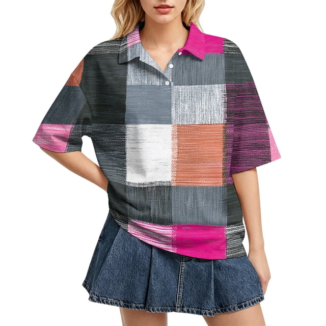 Sewkxo Polo à Manches Courtes pour Femmes, Col Oversize, T-Shirt à Enfiler Y2k, Décontracté, Ample, Mode Urbaine, Chandail de Rugby, Rose Vif P