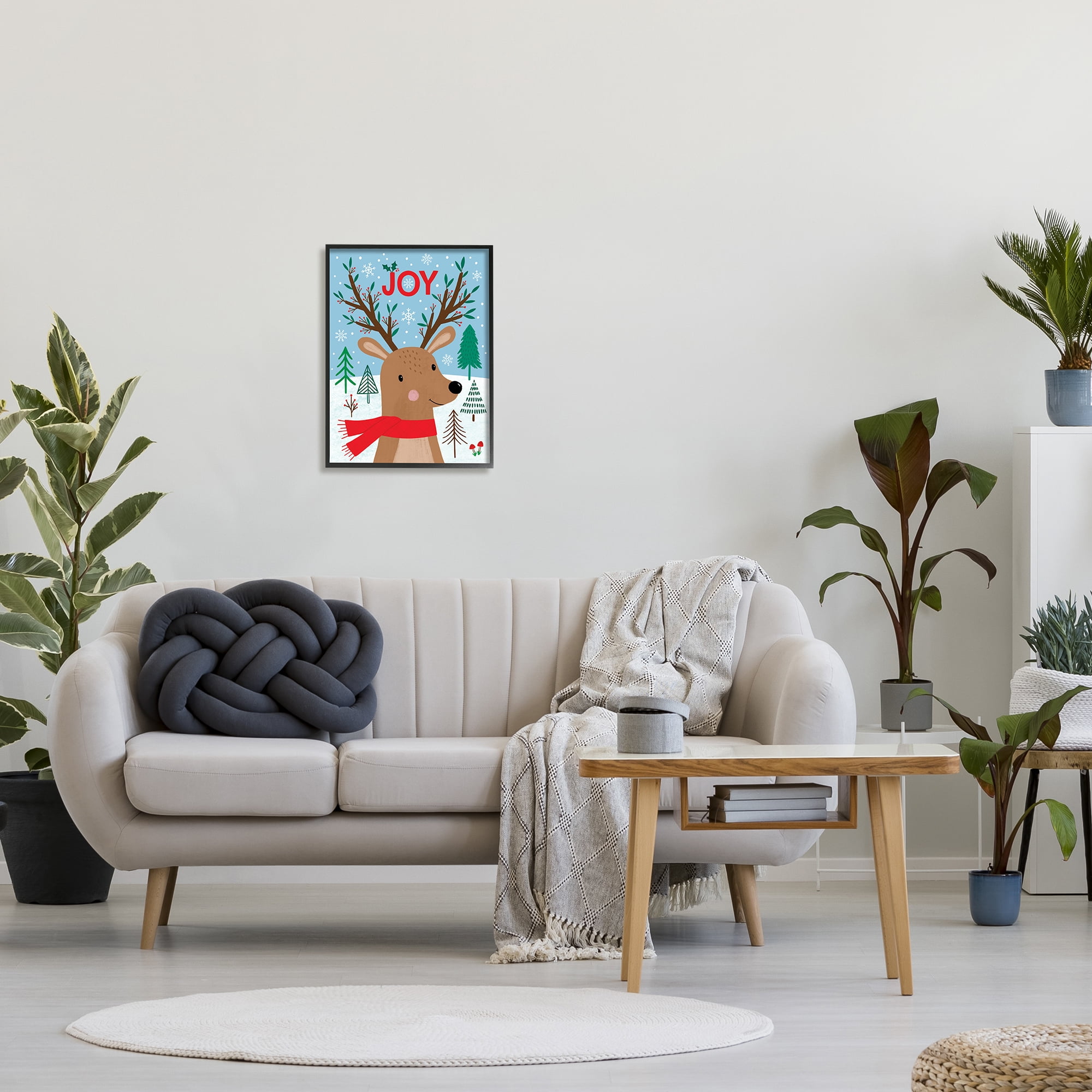 Stupell Industries Red Holly Reindeer Winter Forest Joy Typography Animals & Insects Painting Black Framed Art Print Wall Art, 16 x 20