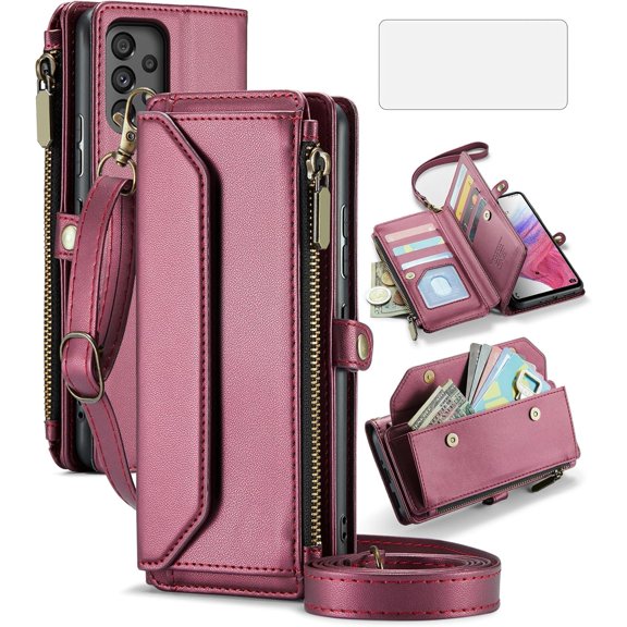 Phone Case for Samsung Galaxy A53 5G Zipper Wallet Cover with Tempered Glass Screen Protector and Flip RFID Blocking Credit Card Holder Cell A 53 G5 53A SM A536U 6.5" 2022 Women Girls Wine Red