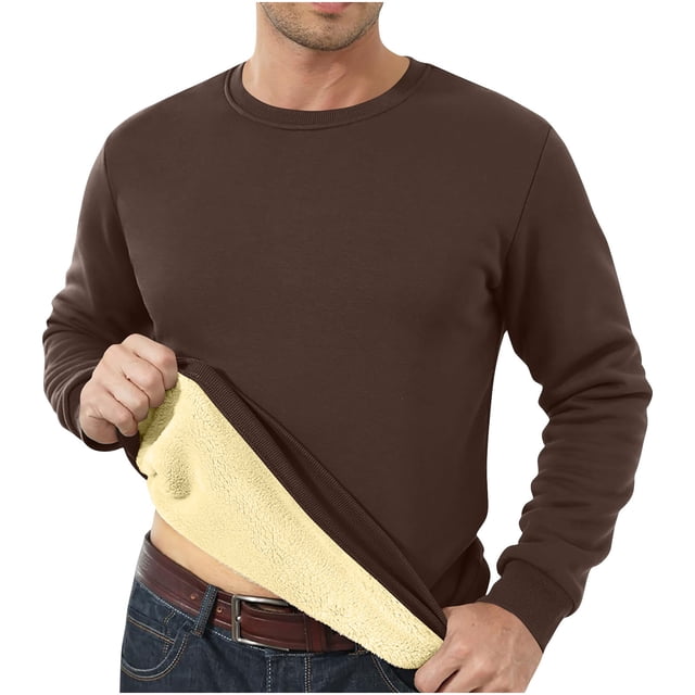 yardsong Chandail à Col Rond pour Homme Grande Taille Chaud Doublé en Sherpa en Molleton Épais d'Hiver Basique Café,L