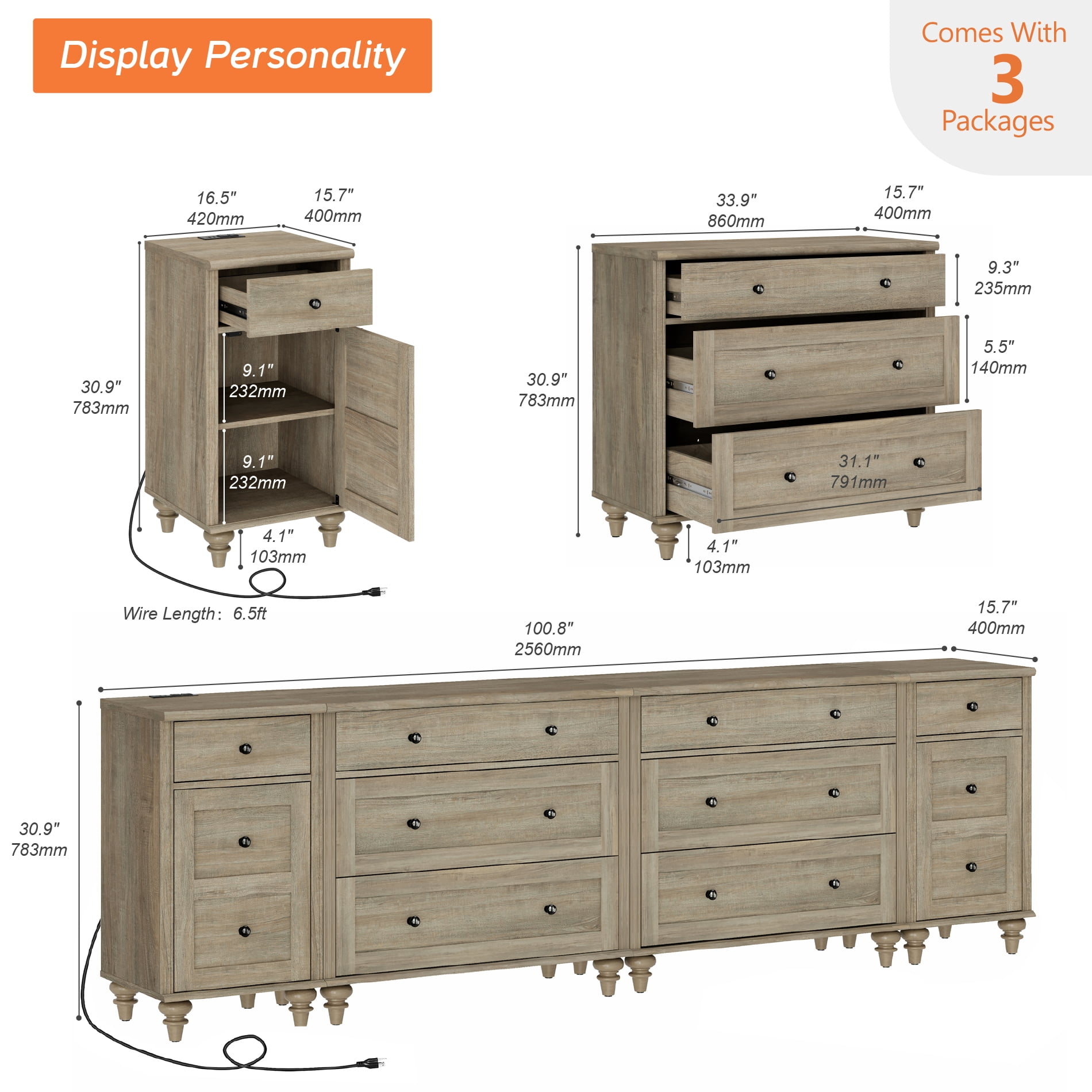 WAMPAT Dresser for Bedroom with 8 Drawers and 2 Storages, Dresser with Charging Station for Living Room, Gray Dressers with Wide 3 Chest of Drawers, for Nursery, Hallway, Wash Grey