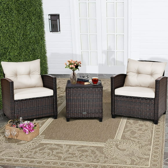 Costway 3PCS Patio Rattan Furniture Set Cushioned Sofa Coffee Table Garden off White