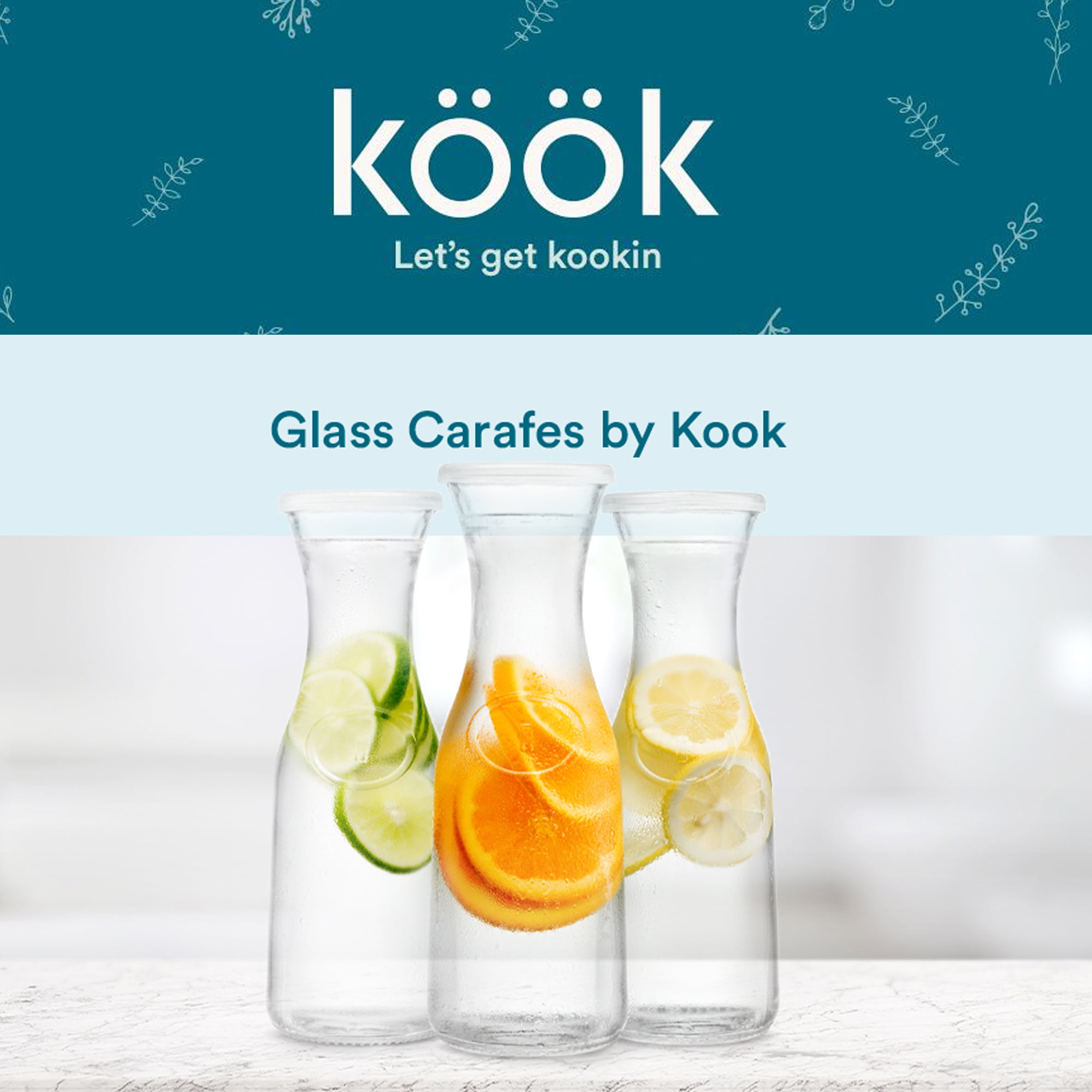 Kook Glass Carafe Pitchers, Beverage Dispensers, Clear Jugs for Mimosas, Water, Wine, Milk and Juice, with Plastic Lids, Dishwasher Safe, 35 oz, Set