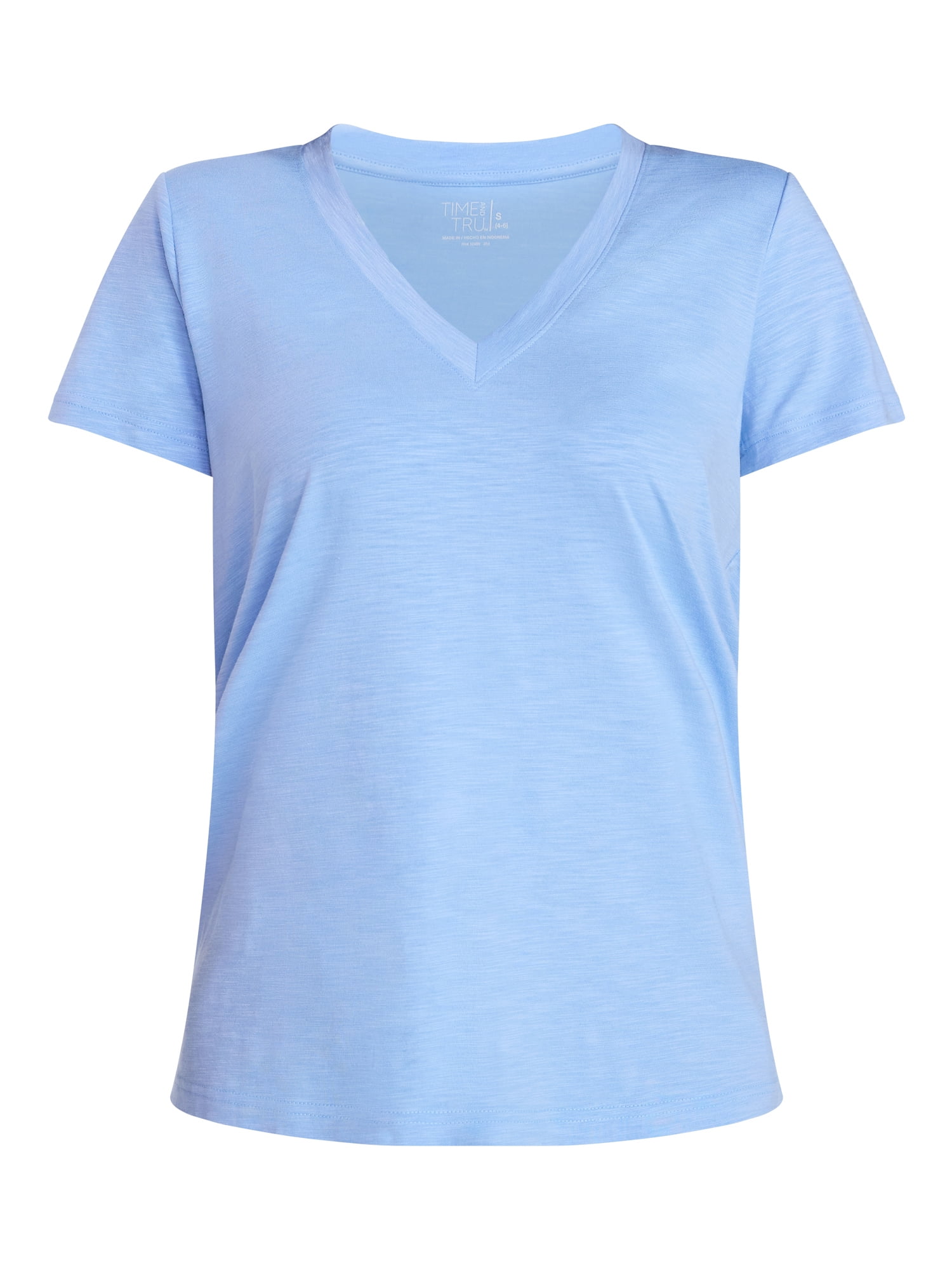 Time and Tru Women's Slub V Neck Tee with Short Sleeves, Sizes XS-XXXL