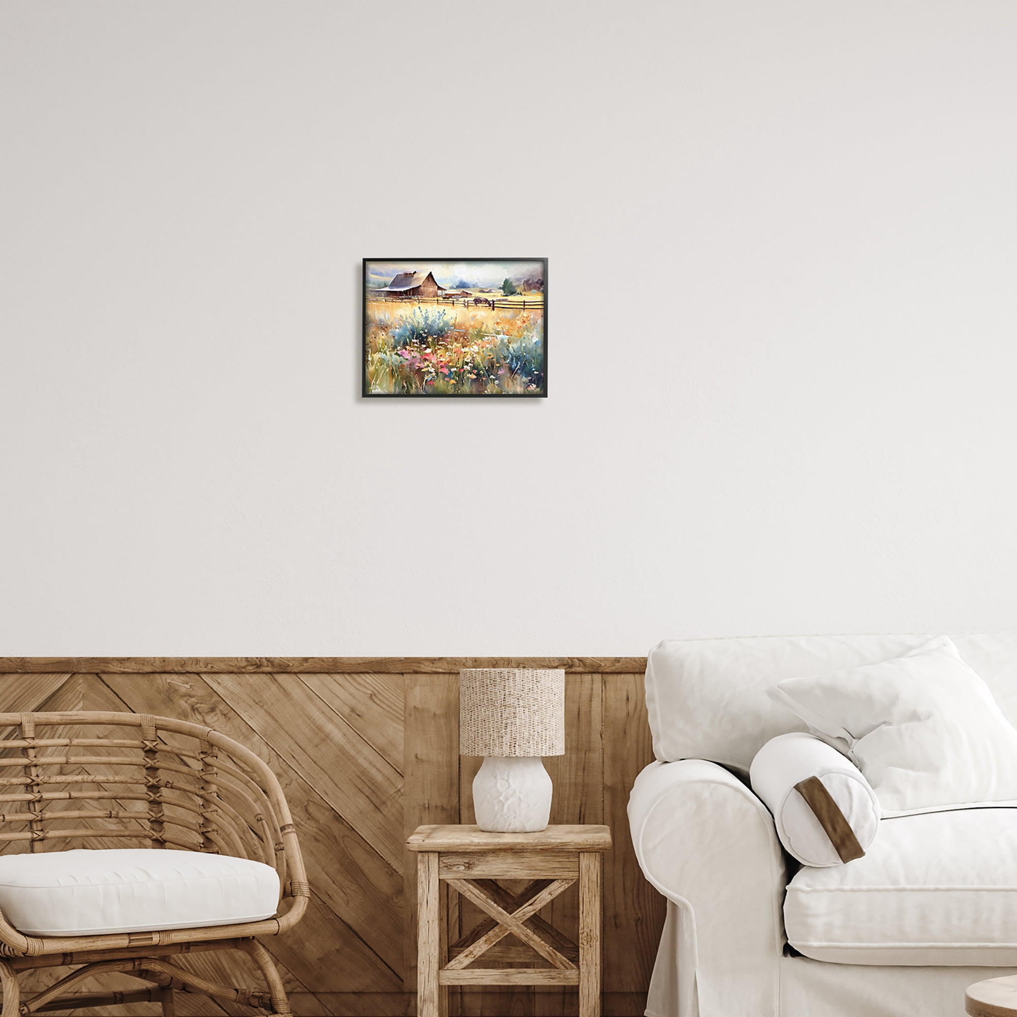 Stupell Industries Horse in Farmhouse Meadow Landscape Painting Black Framed Art Print Wall Art, 14 x 11