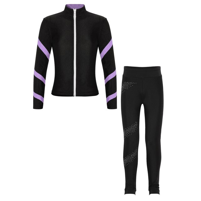 Nyeemya Kids Girls Activewear Set Long Sleeve Jacket with Elastic Waist Rhinestone Pants for Dance Performance Light Purple 6