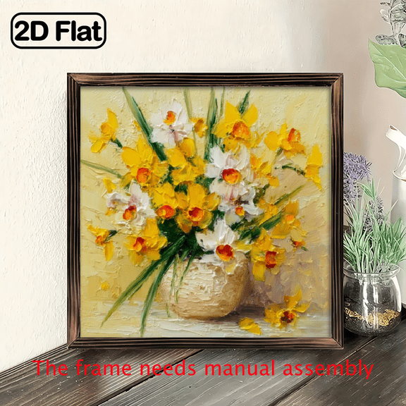 1pc Vintage-Inspired Daffodils in Vase Wooden Framed Wall Art - 8x8 Inch Yellow White Floral Decor with Green Leaves, Botanical Print, Easy-to-Hang Home Decoration for Living Room, Bedroom, O