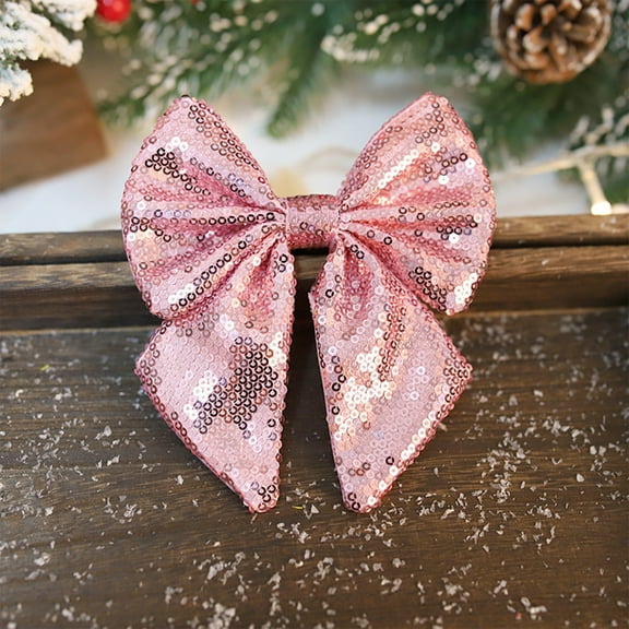 sruoe Christmas Tree Bows Ribbon, Christmas Tree Decorations Indoor, Xmas Tree Bowknot Ornaments, Wreath, Sequined Bow, Hanging Christmas Tree Topper for Wedding Holiday Party Decoration, Pink