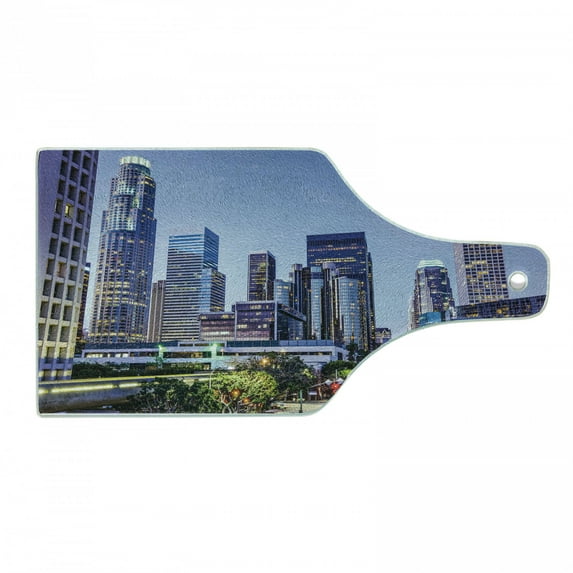 City Cutting Board, Los Angles California Skyline Urban USA Cityscape Skyscrapers Highway Avenue Trees, Tempered Glass Cutting and Serving Board, Wine Bottle Shape, Multicolor, by Ambesonne