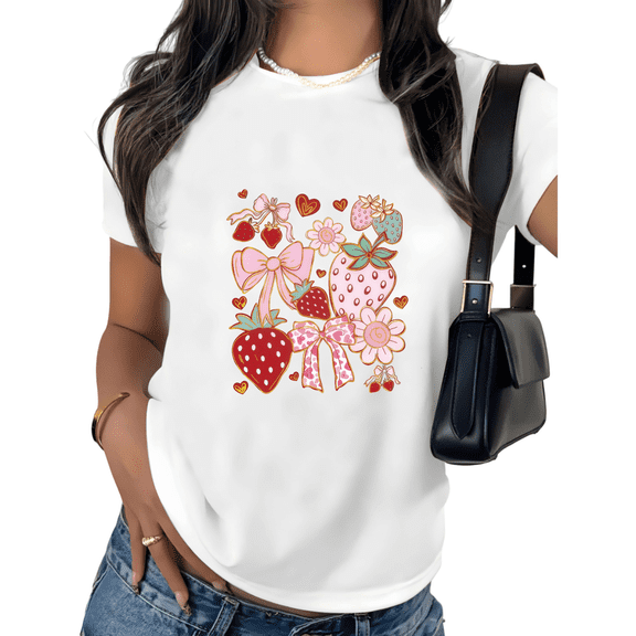 White Print Tshirt Graphic Tees Bow Strawberry Floral Coquette Street Style Cute Casual Wear S-5XL Tops