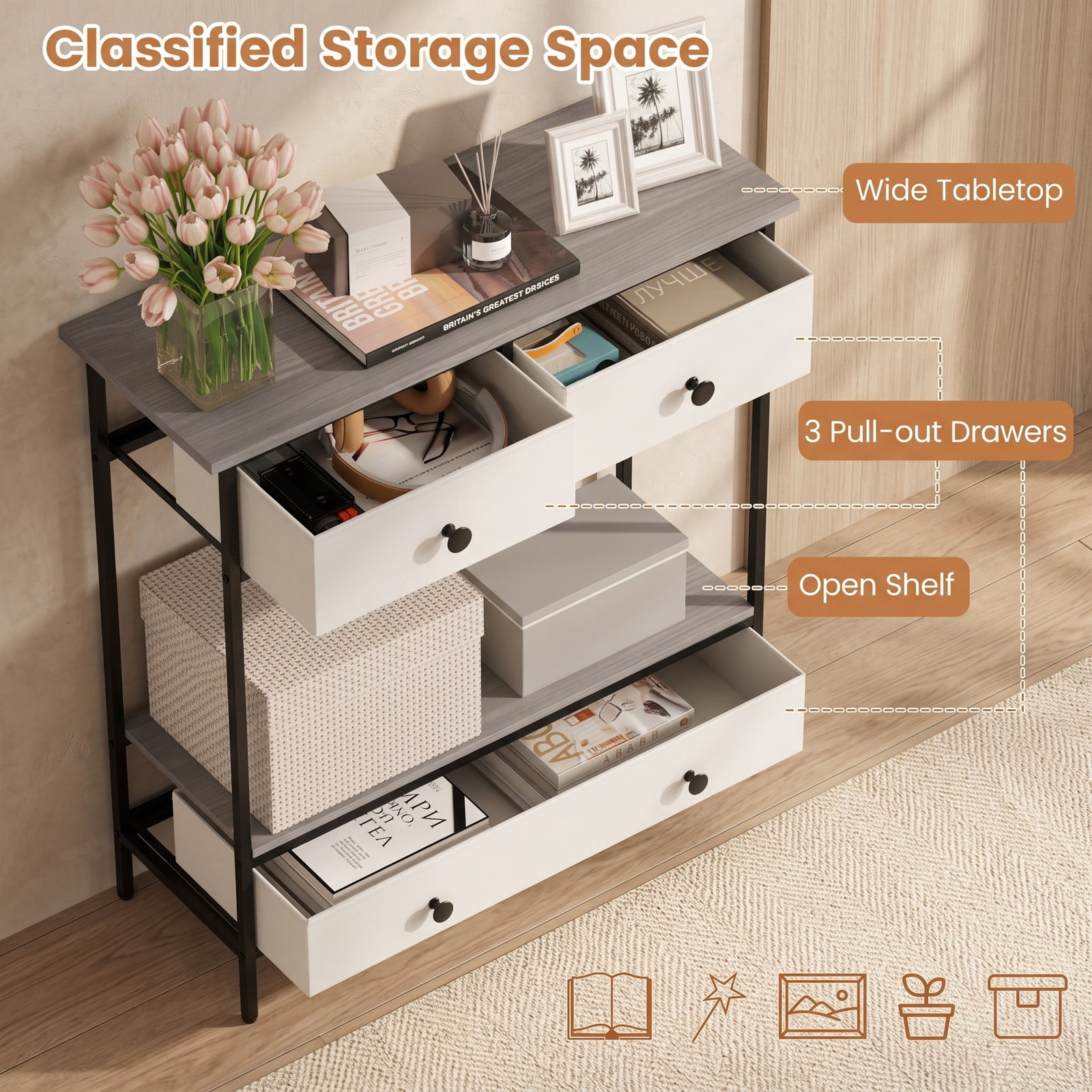 Furnibear Farmhouse Console Table with 3 Fabric Drawers and Open Storage Shelf and Metal Frame for Hallway and Entryway, Gray