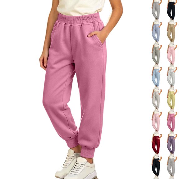 Xaqiouau Girls Fleece Lined Jogger Sweatpants Elastic Waist Casual Athletic Pants with Pockets Soft Warm Cuffed Pull On Pants Girls Clothes