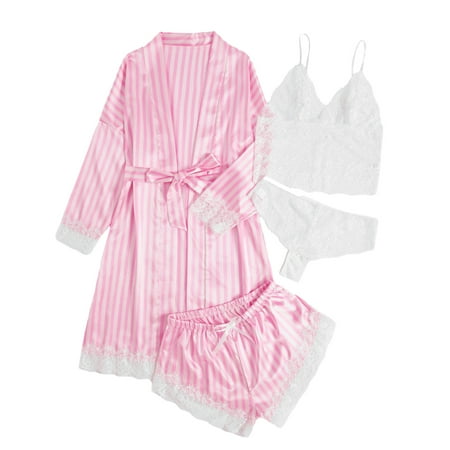 Women s Striped Satin Slik Pajama Sets - Sheer Lace Camisole Bra Shorts Panties Belted Bathrobe Sexy 4 Piece Sleepwear