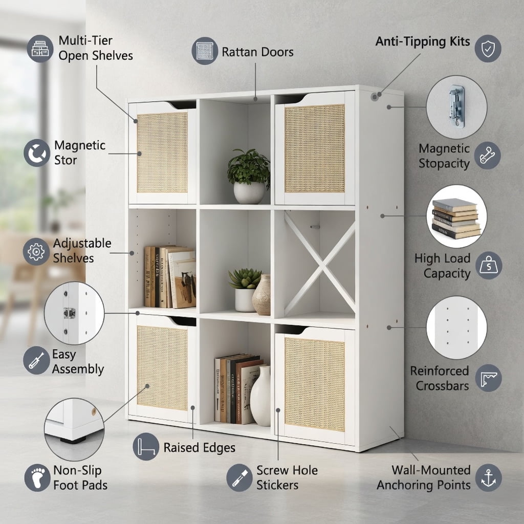 Topcobe Free Standing 9 Cube Storage Wood Divider Bookcase for Home and Office, Tall Bookshelf Modern Book Case for Books, CDs, Movies, White