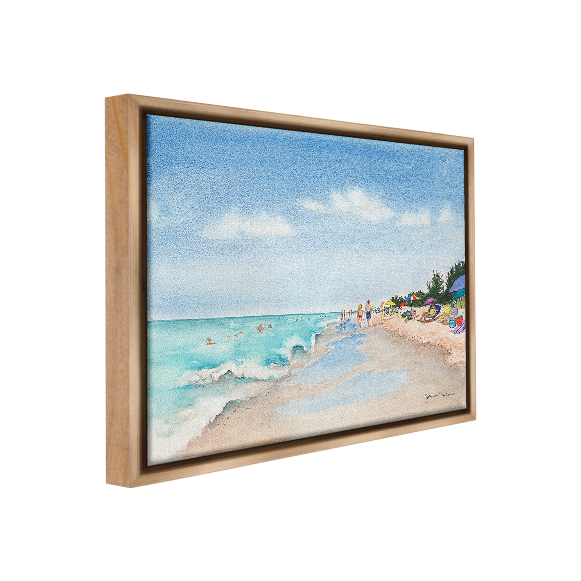 Stupell Industries Traditional Beachgoers View Landscape Painting Brown Floater Framed Canvas Art Print Wall Art, 31 x 25