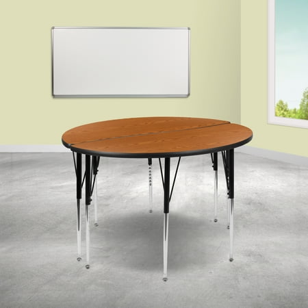 UPC: 0889142934615 | Flash Furniture Emmy 2 Piece 47.5 Circle Wave Flexible Oak Thermal Laminate Activity Table Set – Standard Height Adjustable Legs