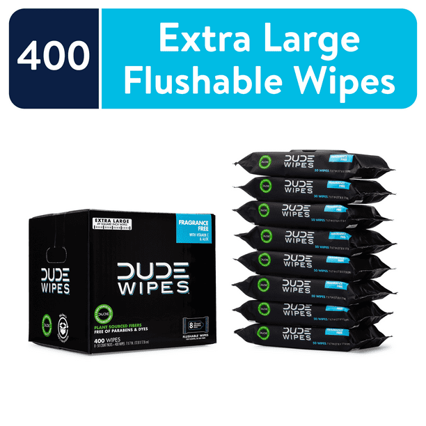 DUDE Wipes Flushable Wipes, Unscented XL Wet Wipes to Use with Toilet Paper, 50 Ct, 8 Pack