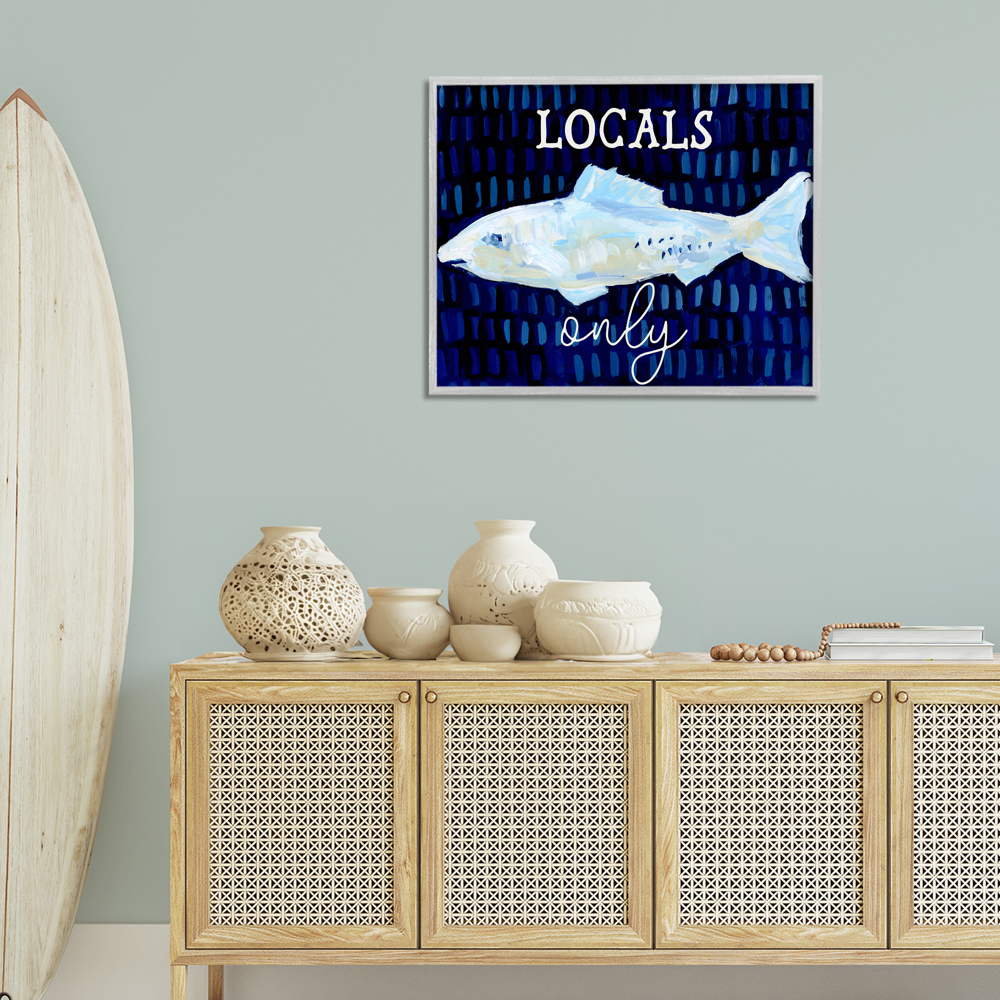 Stupell Industries Locals Only with Fish Animals & Insects Painting Gray Framed Art Print Wall Art, 30 x 24