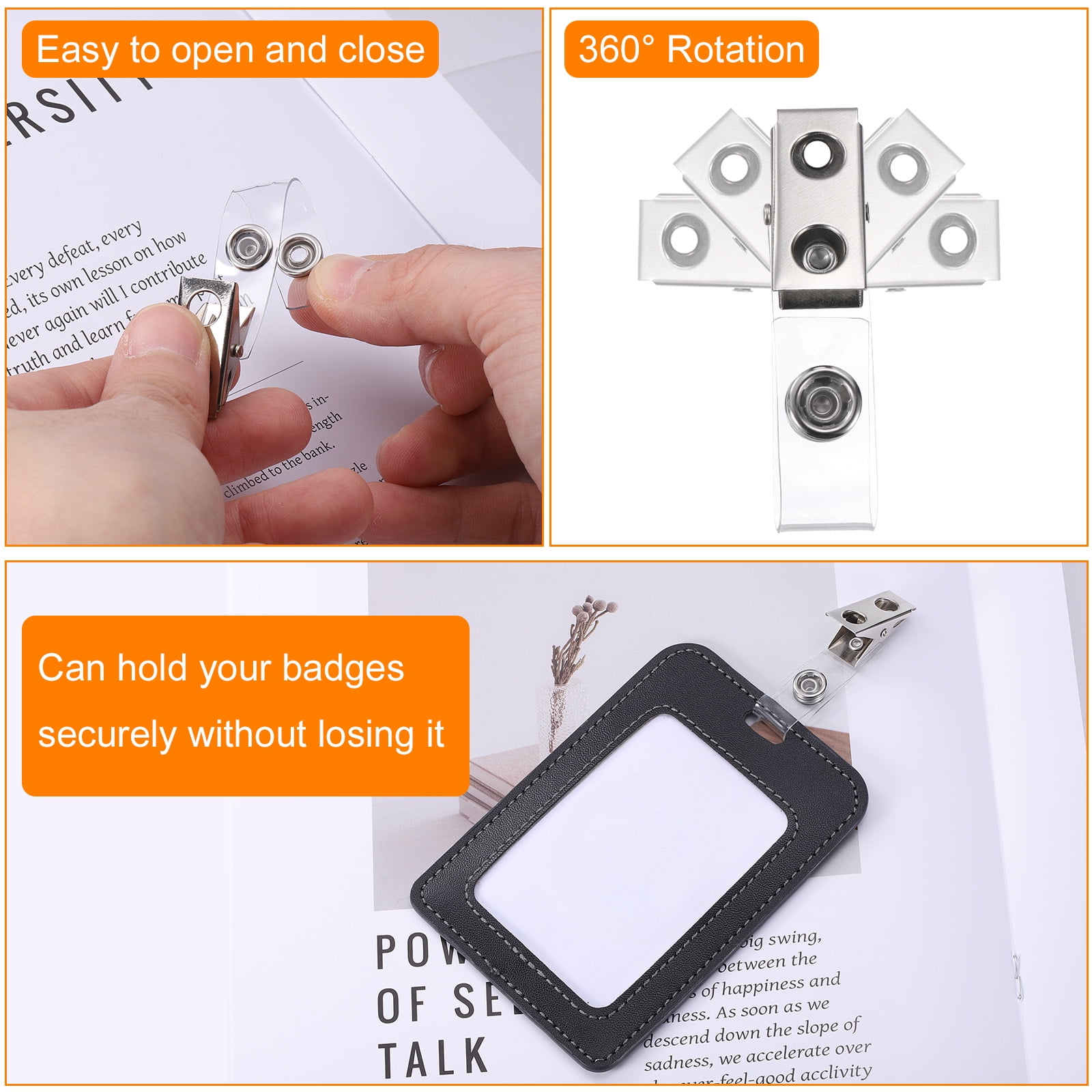 Uxcell 100Pcs Metal Badge Clips with Clear Straps Double Hole ID Badge Clips Name Tag Clips ID Strap Clip Adapter for ID Cards Name Tags Badge Holders Work Badges