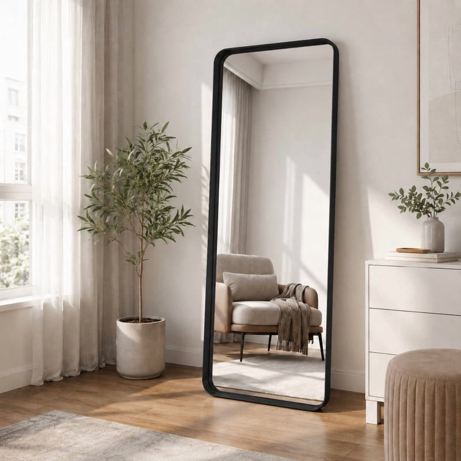 Easy4Home 72"x30"Deep Frame Rounded Rectangle Full Length Dressing Mirror Floor Standing Mirror Wall Mounted,Black