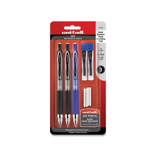 207 Mechanical Pencil with Lead and Eraser Refills 0.7 mm, HB 2, Black Lead, Assorted Barrel Colors, 3/Set
