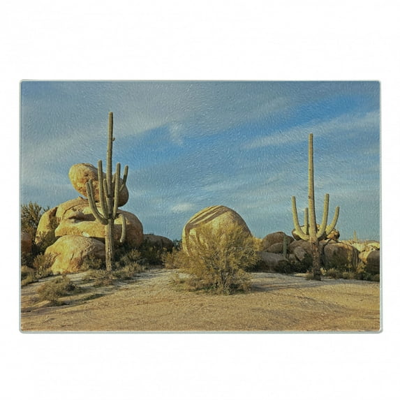Cactus Cutting Board, Desert Scenery Saguaros and Boulders Catching the Day's Last Sunbeams, Decorative Tempered Glass Cutting and Serving Board, Small Size, Pale Blue Pale Brown, by Ambesonne