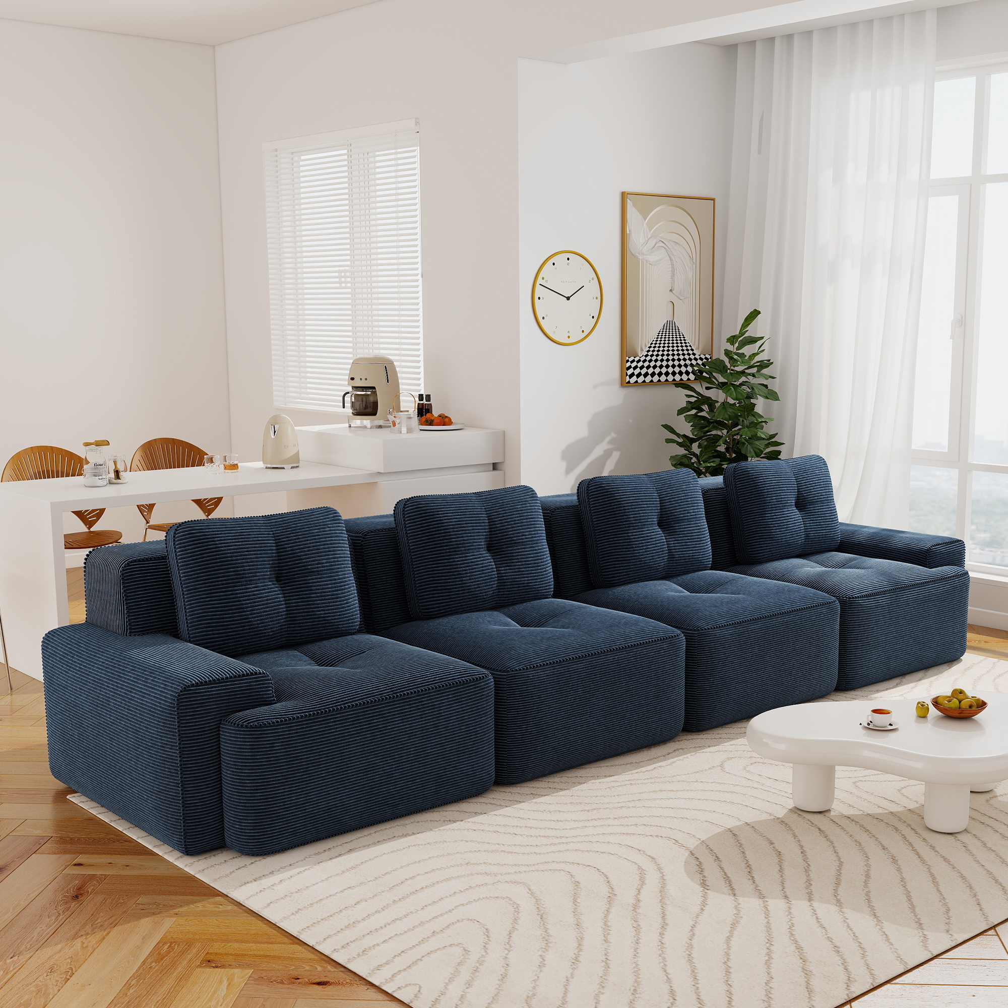 Aukfa 4-Piece Tufted Modular Corduroy Sectional Sofa for Living Room, 128.5" Width 4-Seat, Blue