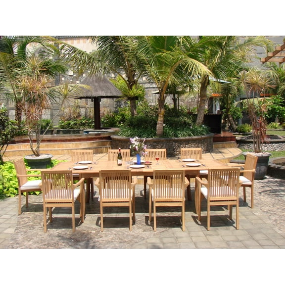 Teak Dining Set:10 Seater 11 Pc Atnas 118" Premium Double Extension Rectangle Table, 10 Lua Stacking Arm Chairs Outdoor Patio Grade-A Teak Wood WholesaleTeak #WMDSLUg
