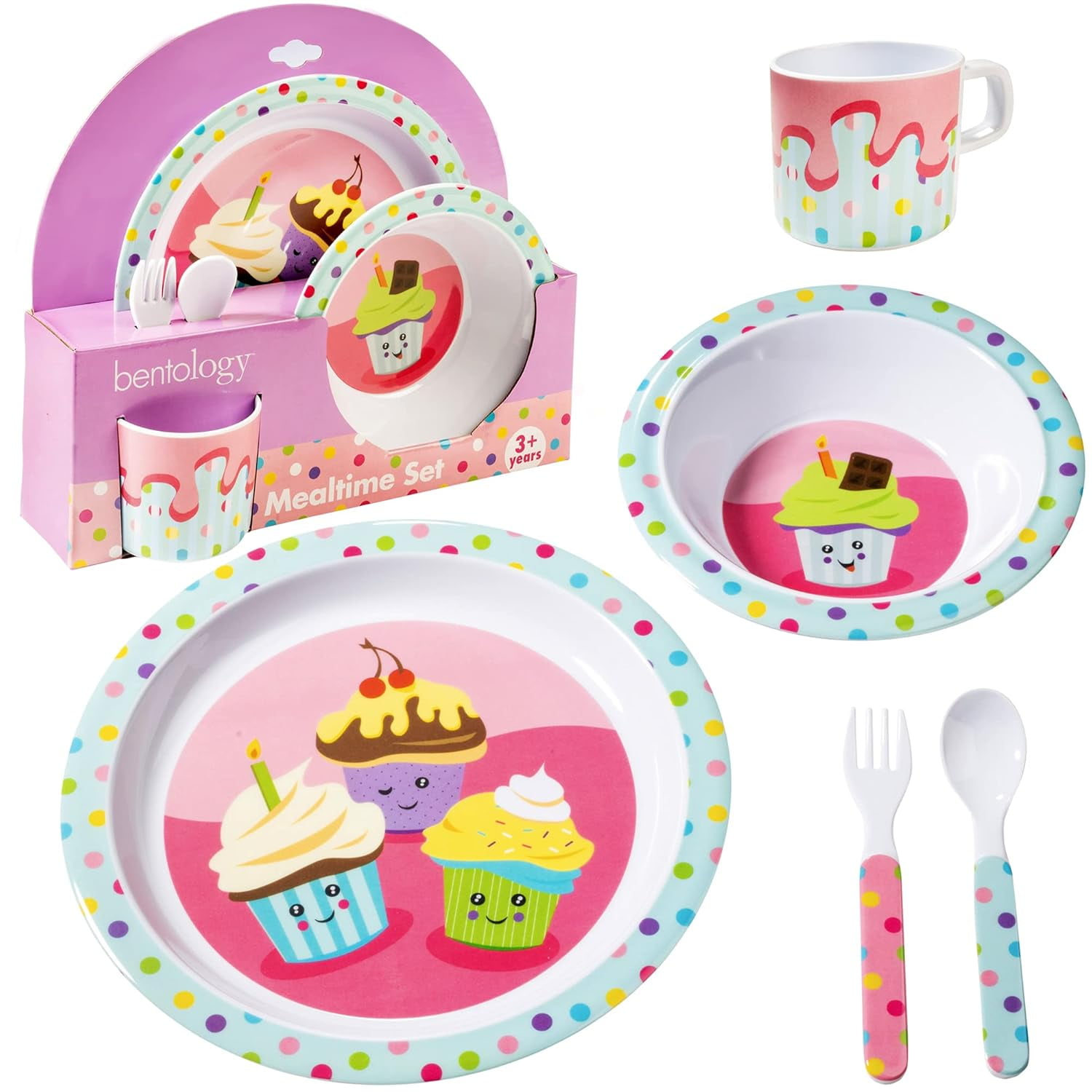 Bentology 5 Piece Mealtime Feeding Set for Kids and Toddlers - Cupcake - Includes Plate, Bowl, Cup, Fork and Spoon Utensil Flatware