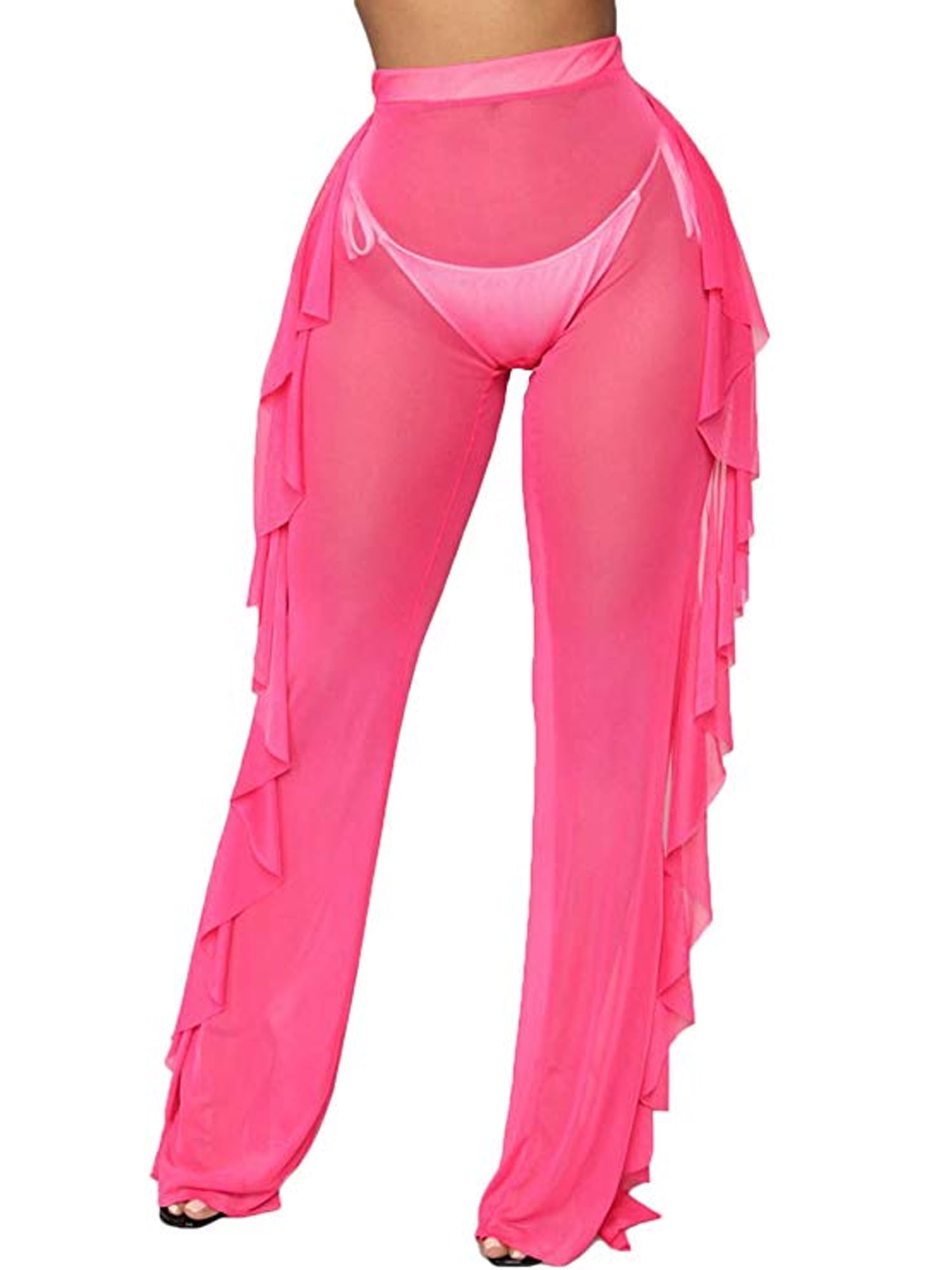 Fiomva Women Summer Full Length Wide Leg Trouser Mesh Sheer Ruffle